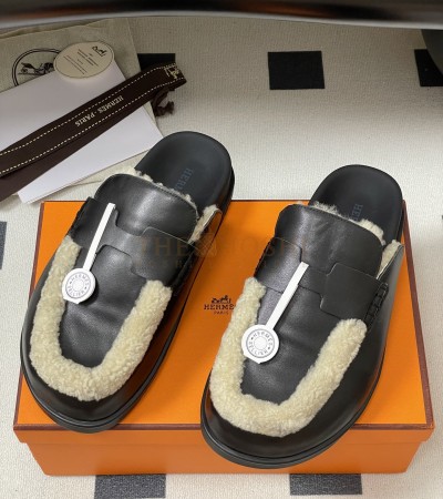 HERMES GO MULE SLIPPERS SANDALS CALFSKIN UPPER &AMP; WOOL INSOLE BLACK  - 35