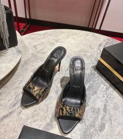 CHRISTIAN LOUBOUTIN CL POINTED-TOE HEELS GLOSSY CALFSKIN WITH LEOPARD SEQUINS BLACK SIZE WOMEN'S SIZE 34-42 HEEL 10CM MASTER QUALITY - Women US 5= EU 35= 22.5 cm= UK3